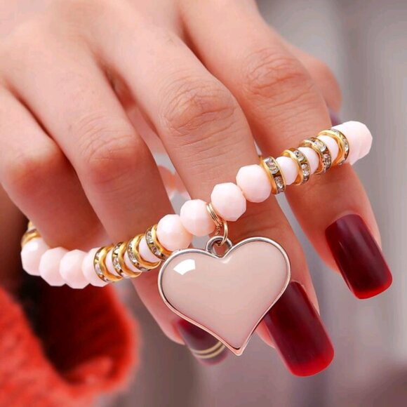 Handmade Beaded Stackable Stretch Bracelet Heart Pendant - Picture 5 of 9